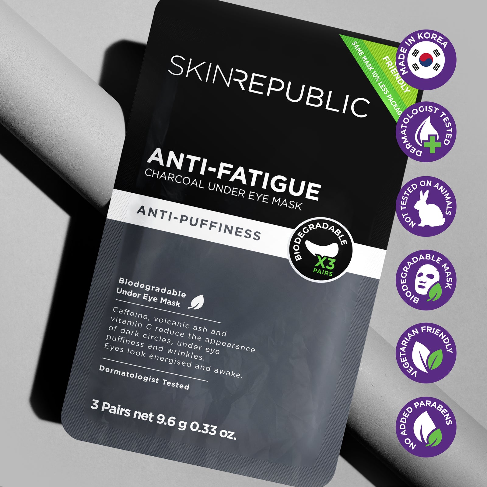 Skin Republic Anti-Fatigue Charcoal Under Eye Mask for Men pack with benefit icons