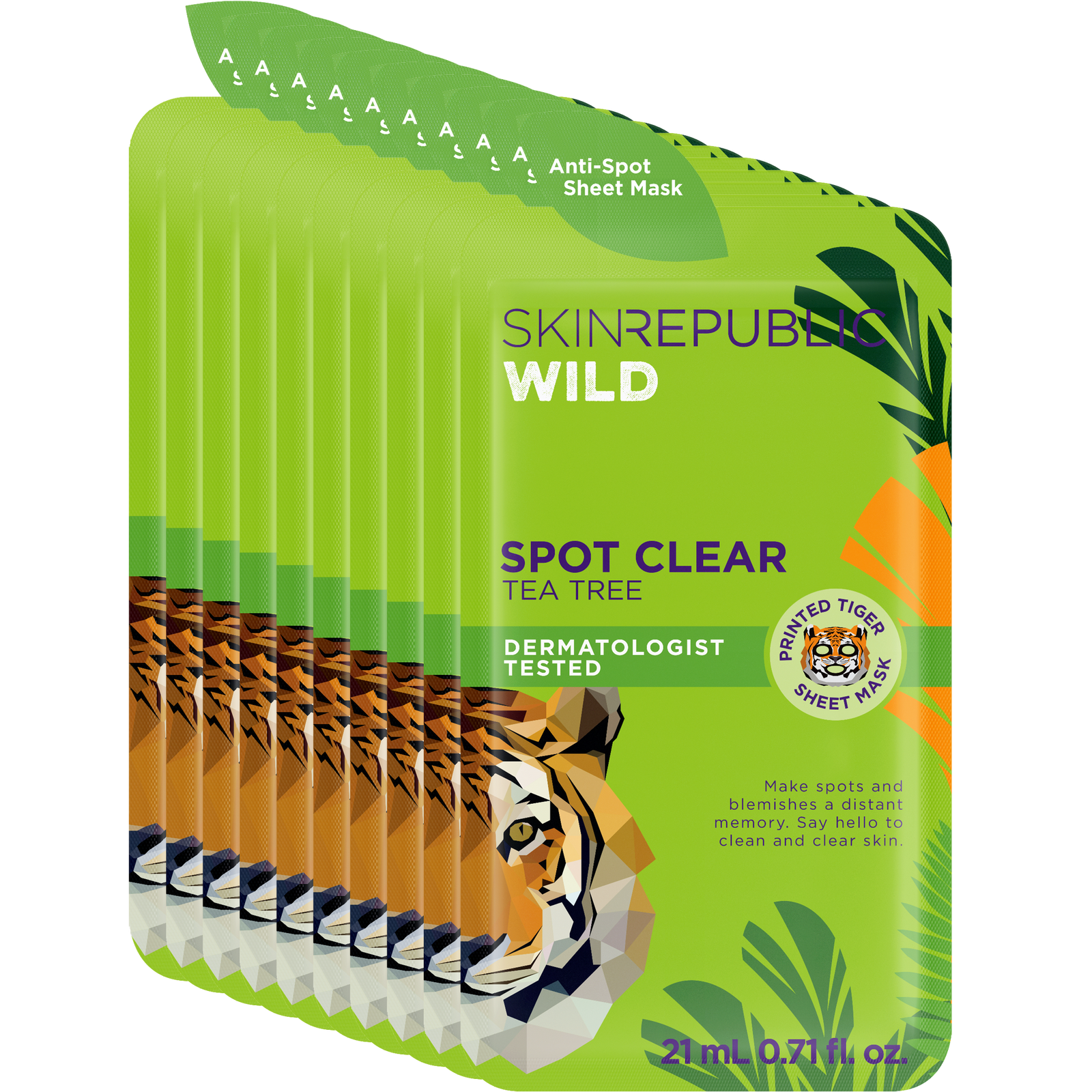 Spot Clear Tea Tree Tiger Face Mask Sheet 10 Pack (Includes 2 FREE Masks)