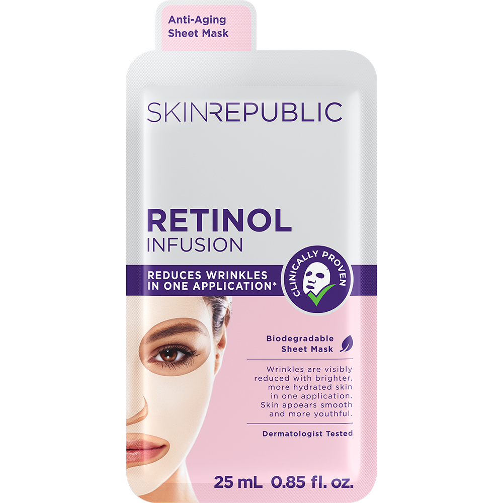 Skin Republic Retinol Infusion Face Mask Sheet — visibly reduces wrinkles and pigmentation after one application