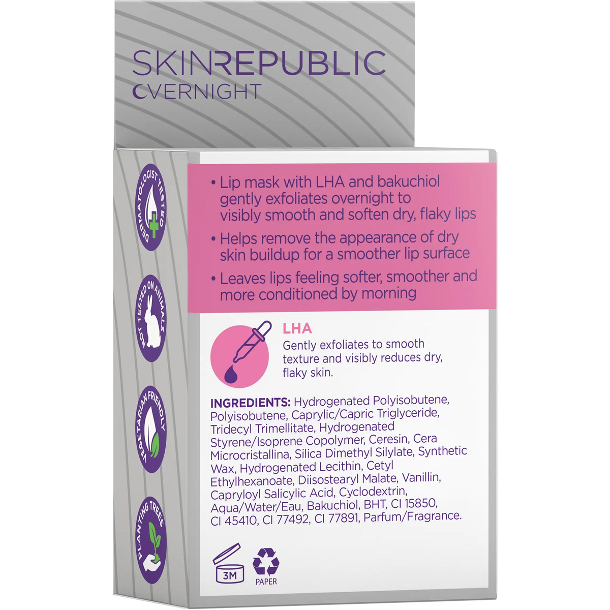Skin Republic Exfoliating Overnight Lip Mask box, back of pack — LHA and bakuchiol benefits and full ingredients list