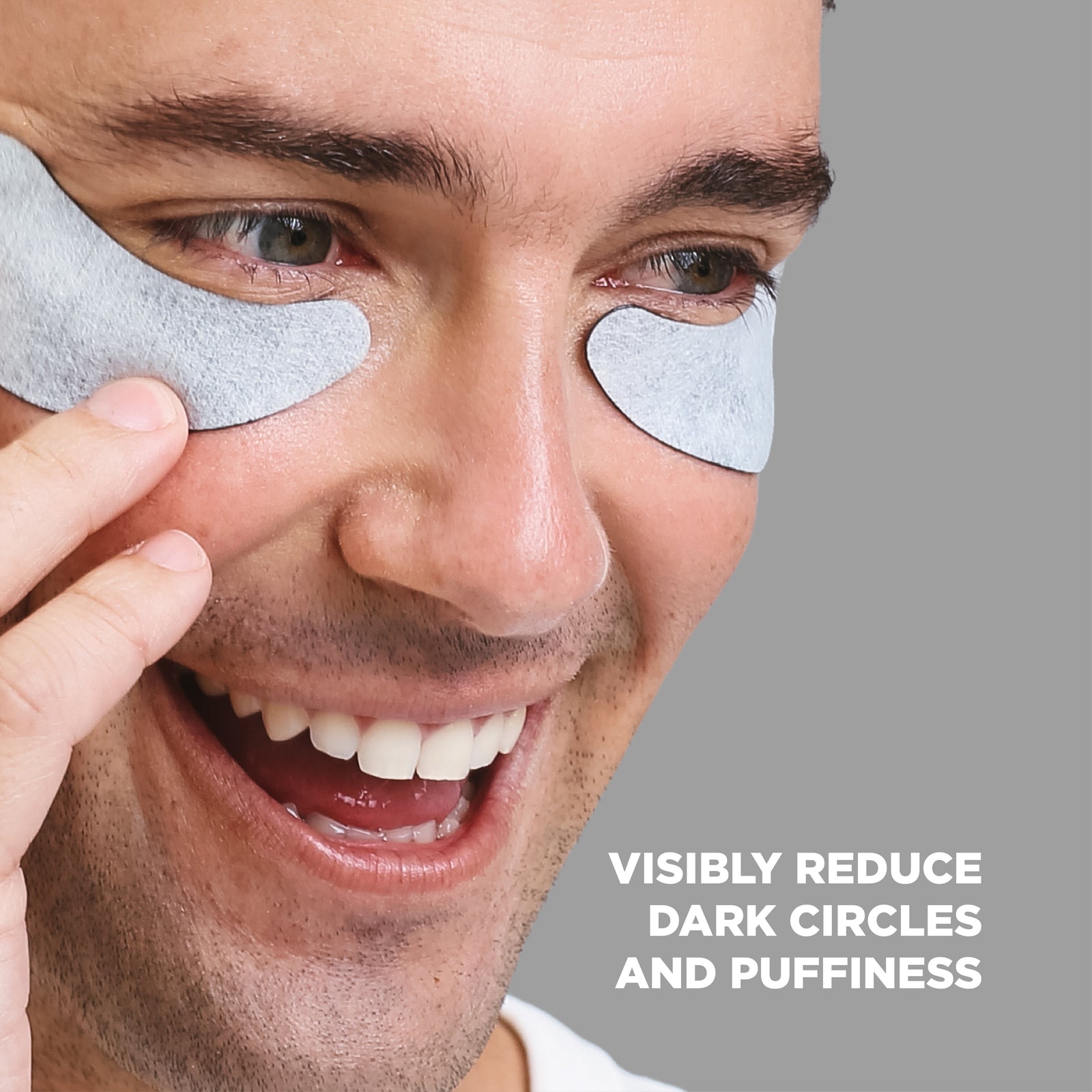 Man wearing Skin Republic Anti-Fatigue Charcoal Under Eye Masks to visibly reduce dark circles and puffiness