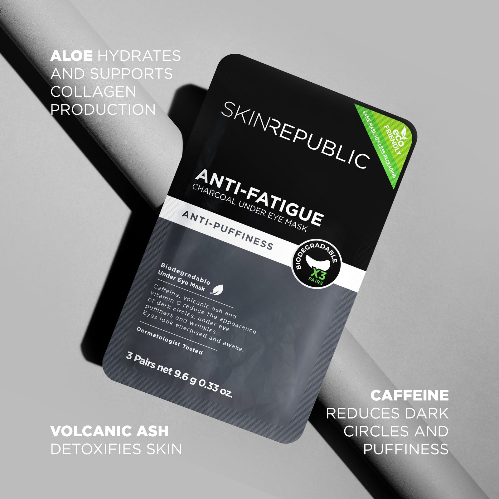 Skin Republic Anti-Fatigue Charcoal Under Eye Mask for Men pack with volcanic ash and caffeine