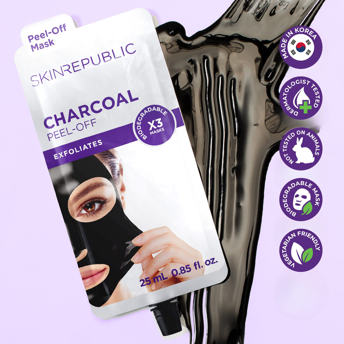 Skin Republic Charcoal Peel-Off Face Mask, 25ml, 3 applications — exfoliates, with black peel-off texture swirl, made in Korea, dermatologist tested