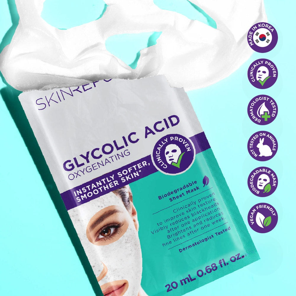 Skin Republic Glycolic Acid Oxygenating Face Mask Sheet with unfolded mask — instantly softer, smoother skin, made in Korea, dermatologist tested