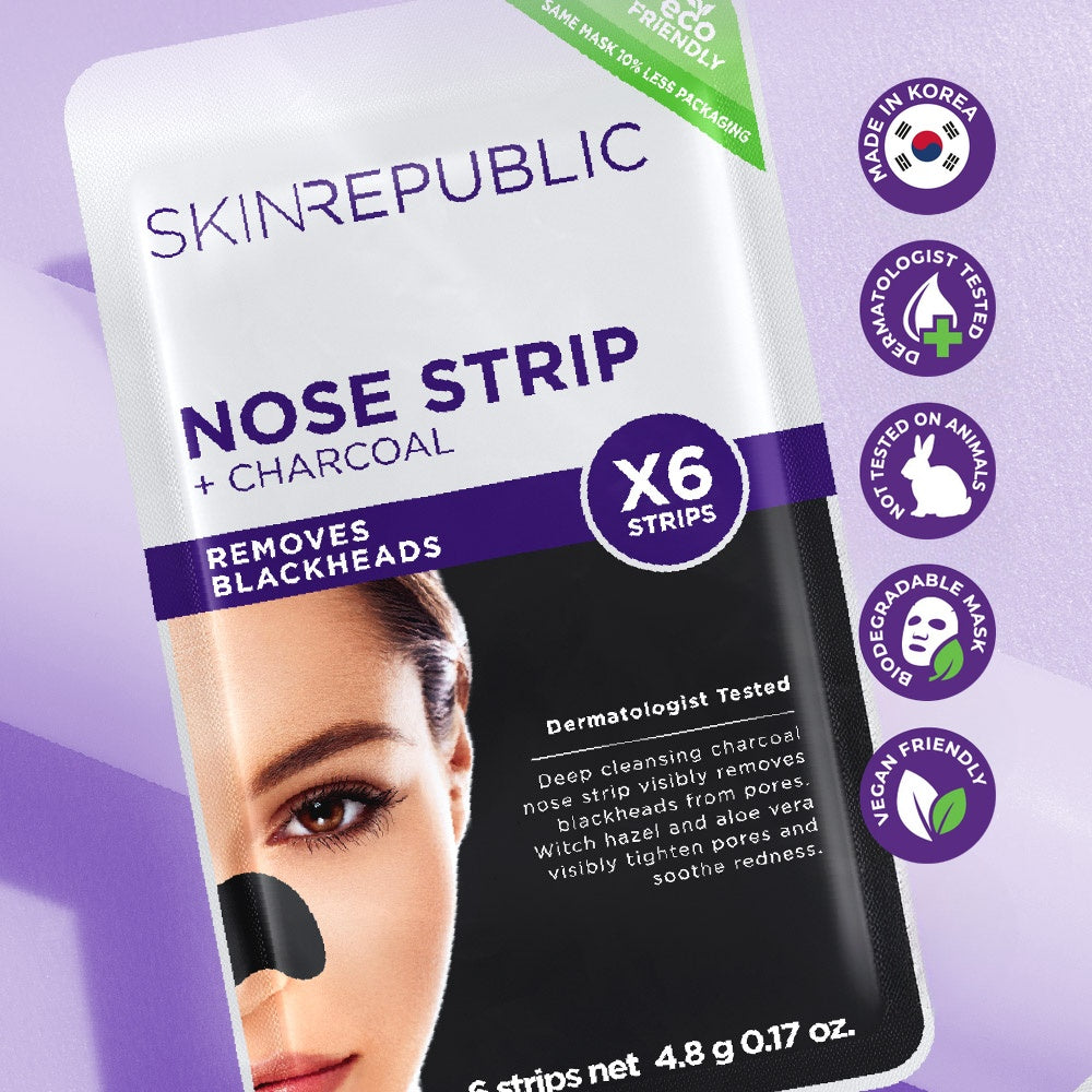 Skin Republic Nose Strip + Charcoal, 6 strips — removes blackheads, made in Korea, dermatologist tested