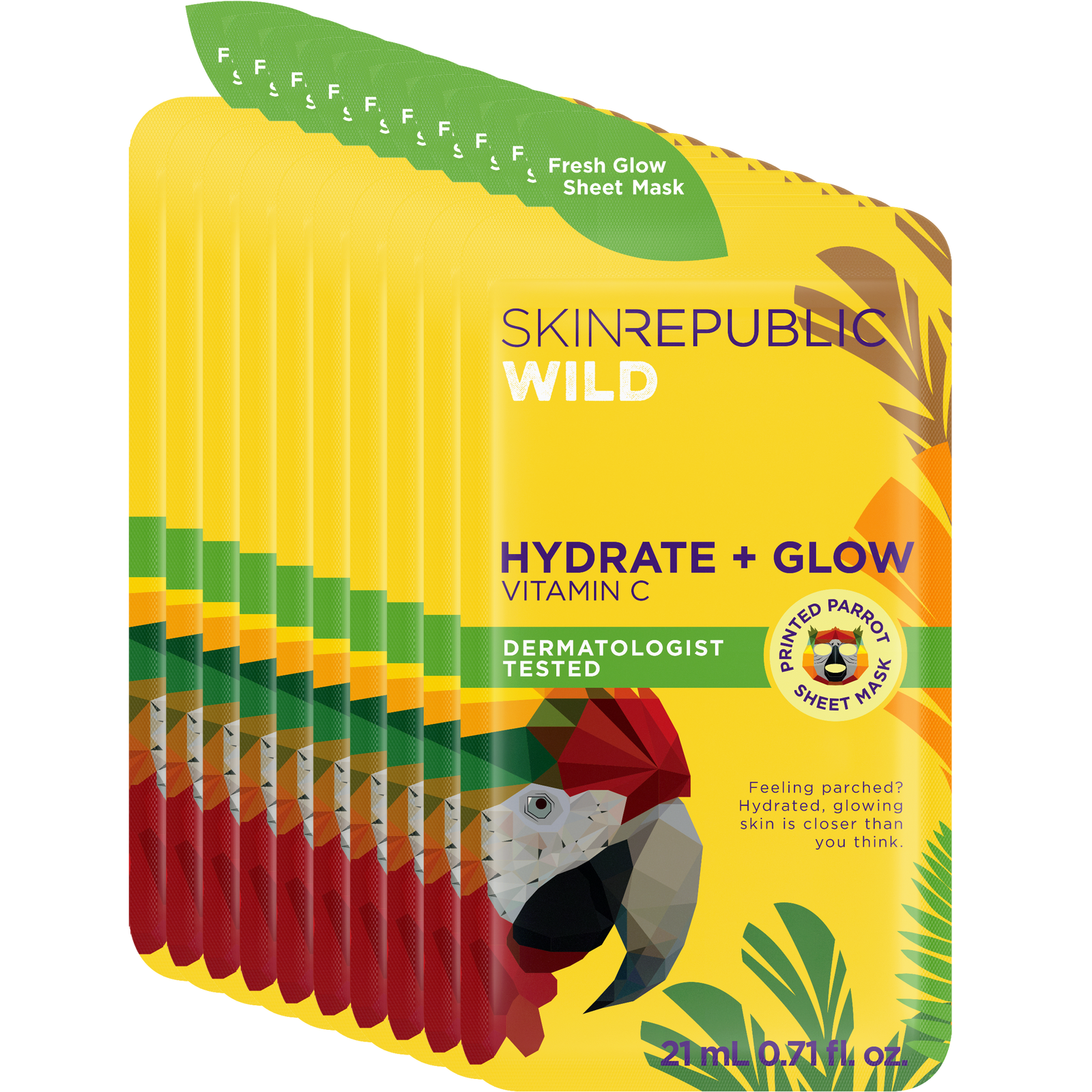 Hydrate + Glow Vitamin C Parrot Face Mask Sheet 10 Pack (Includes 2 FREE Masks)