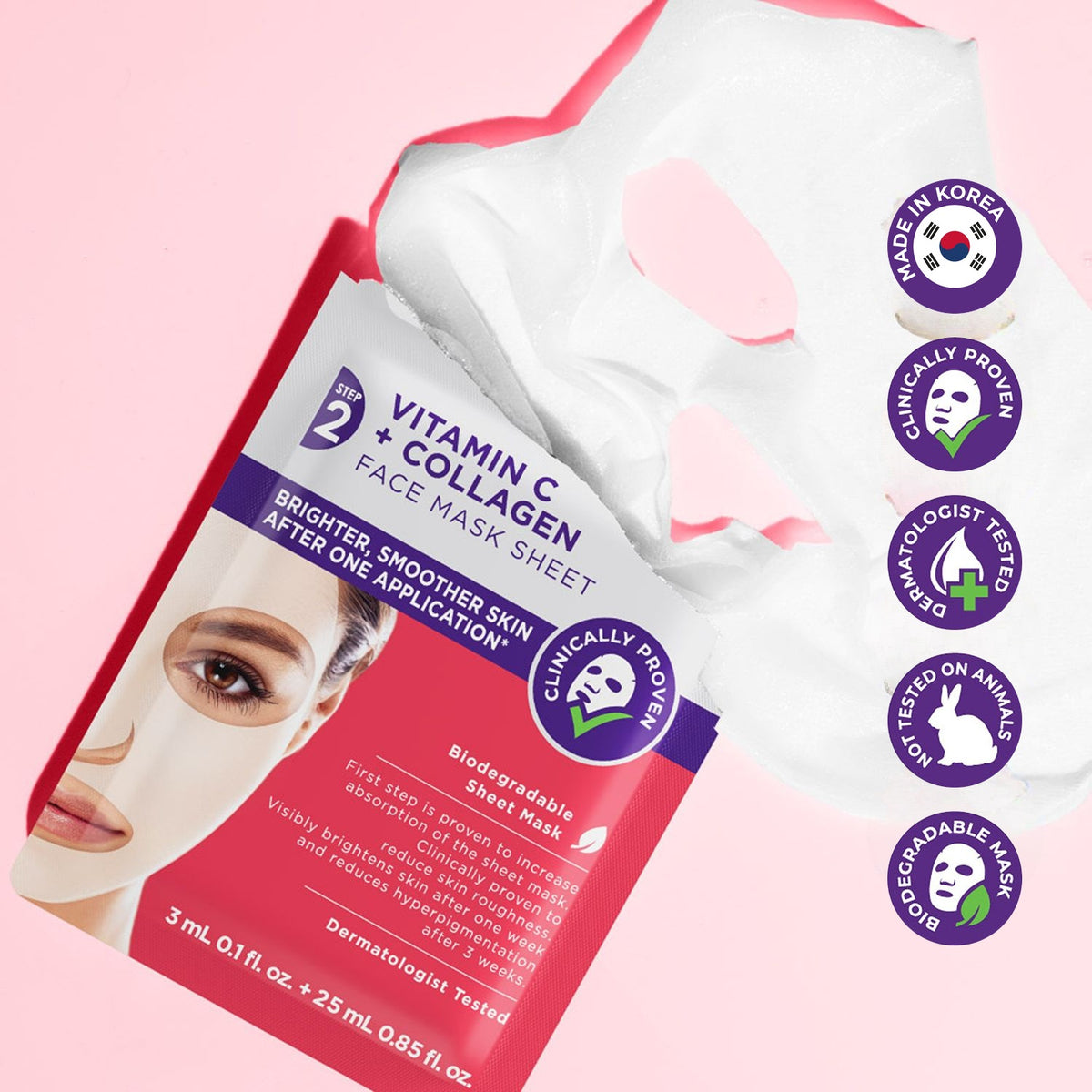 Skin Republic 2 Step Vitamin C + Collagen Face Mask Sheet with unfolded mask — brighter, smoother skin after one application, made in Korea, dermatologist tested