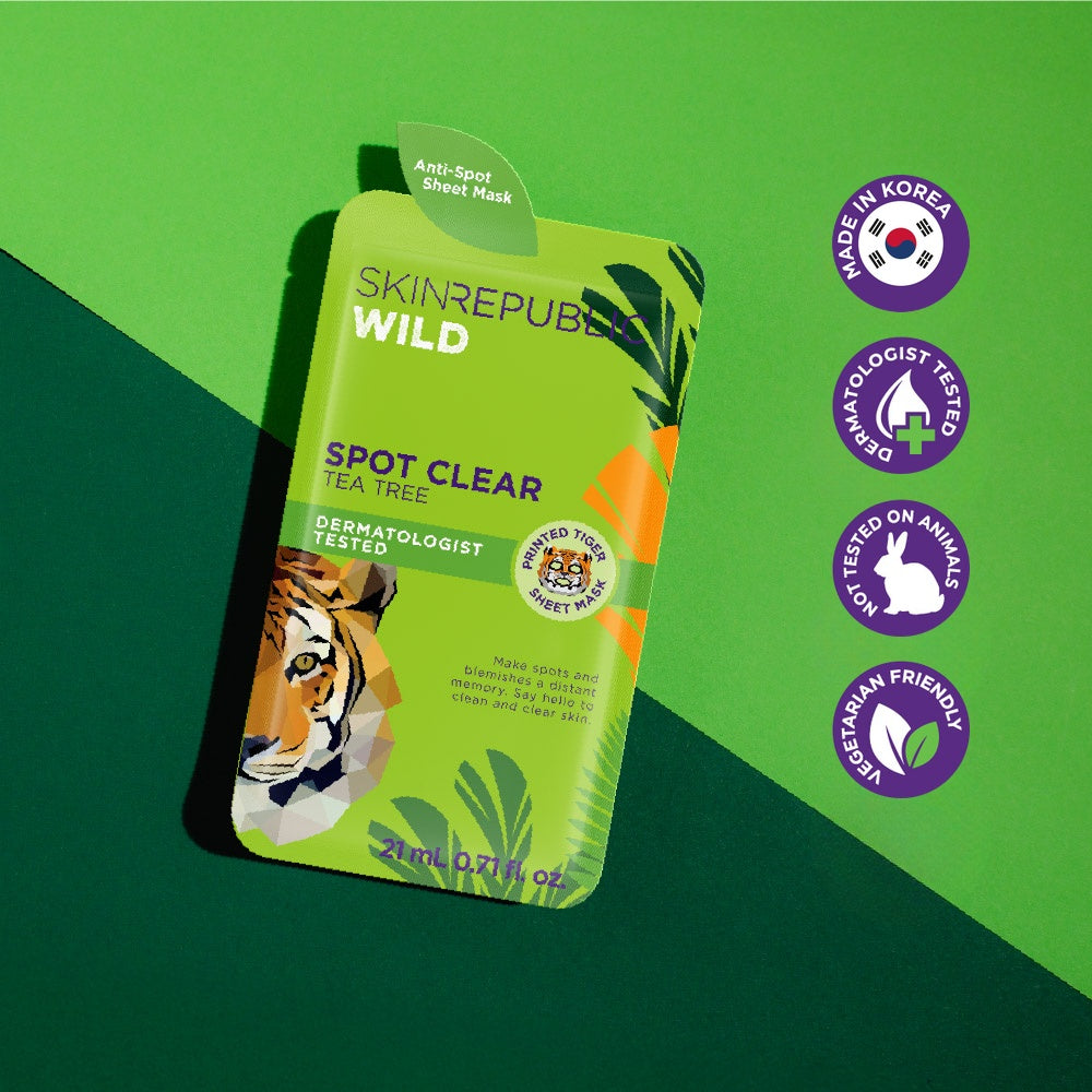 Skin Republic Wild Spot Clear Tea Tree Tiger Face Mask Sheet — printed tiger sheet mask, made in Korea, dermatologist tested