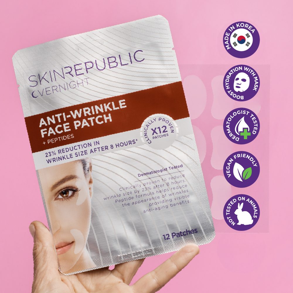 Hand holding Skin Republic Overnight Anti-Wrinkle Face Patch + Peptides, 12 patches — made in Korea, dermatologist tested