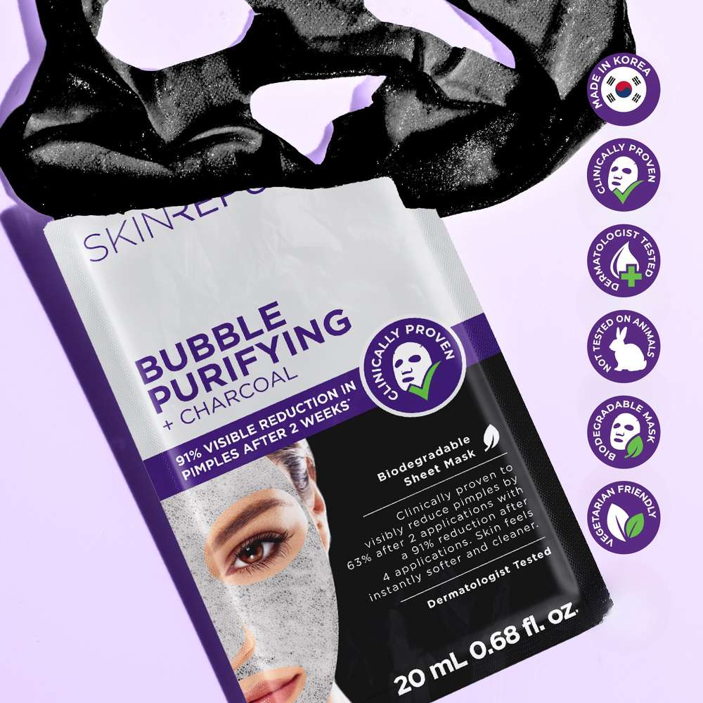 Skin Republic Bubble Purifying + Charcoal Face Mask Sheet with unfolded black mask, made in Korea, dermatologist tested