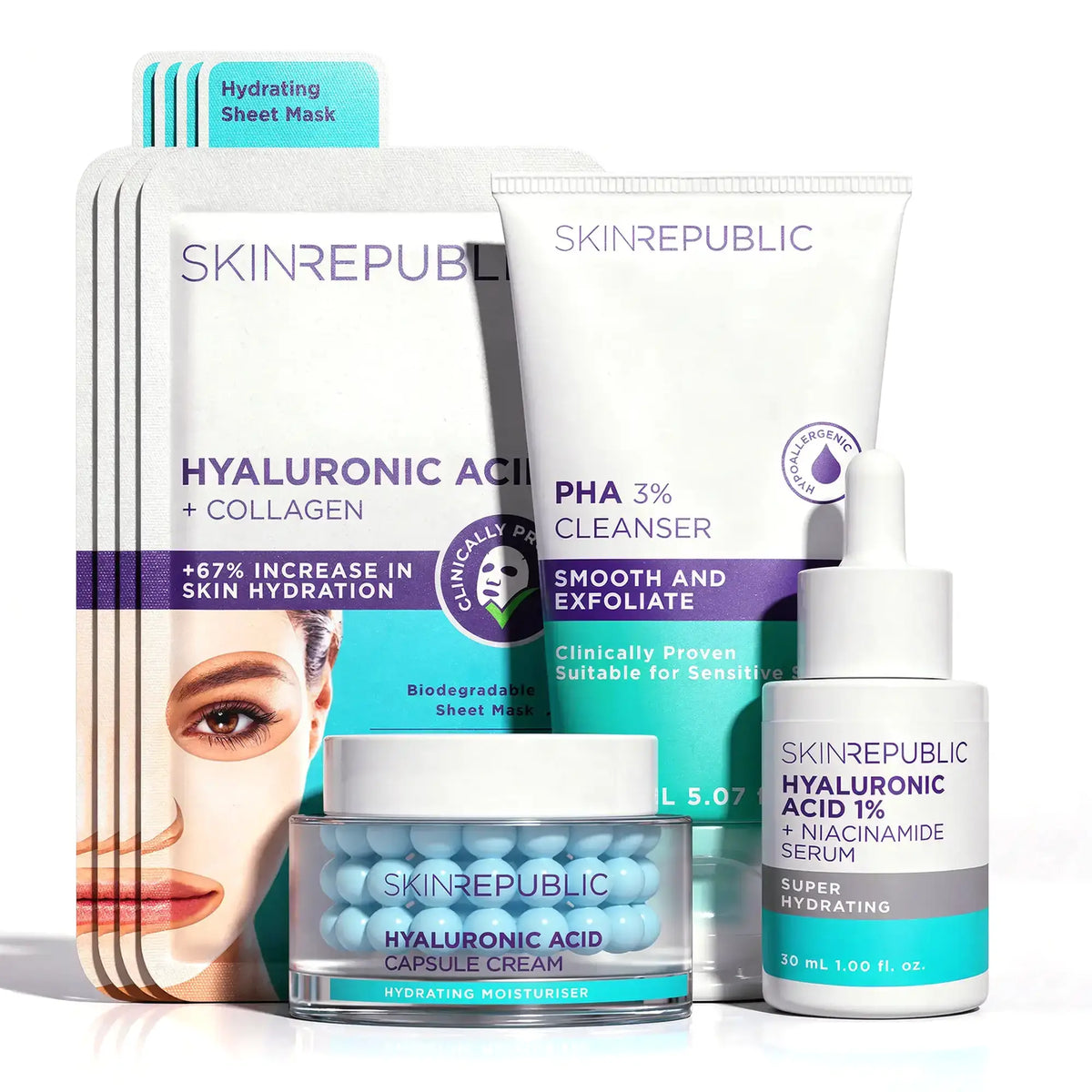 Skin Republic Capsule Cream Hydration Routine Kit: Hyaluronic Acid Capsule Cream, PHA 3% Cleanser, serum and face mask