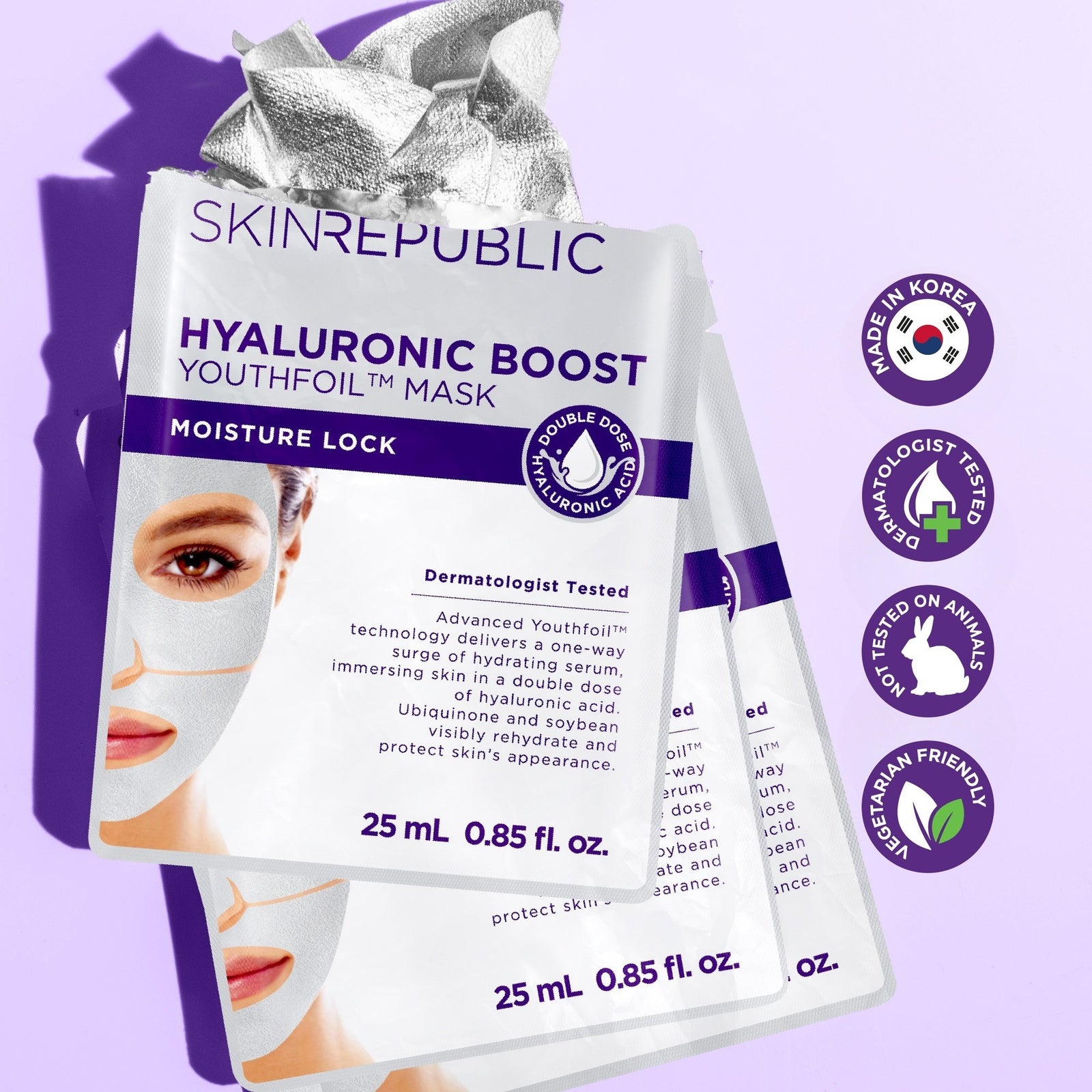 Skin Republic Hyaluronic Boost Youthfoil™ Face Masks with unfolded foil mask — moisture lock, made in Korea, dermatologist tested
