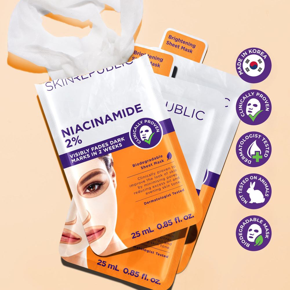 Skin Republic Niacinamide 2% Face Mask Sheets with unfolded mask — visibly fades dark marks, made in Korea, dermatologist tested