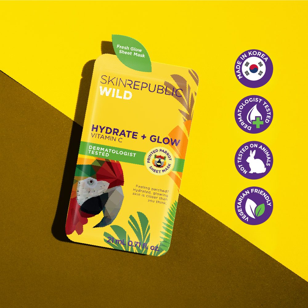 Skin Republic Wild Hydrate + Glow Vitamin C Parrot Face Mask Sheet — printed parrot sheet mask, made in Korea, dermatologist tested